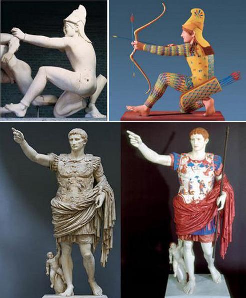 images showing colored and white roman statues